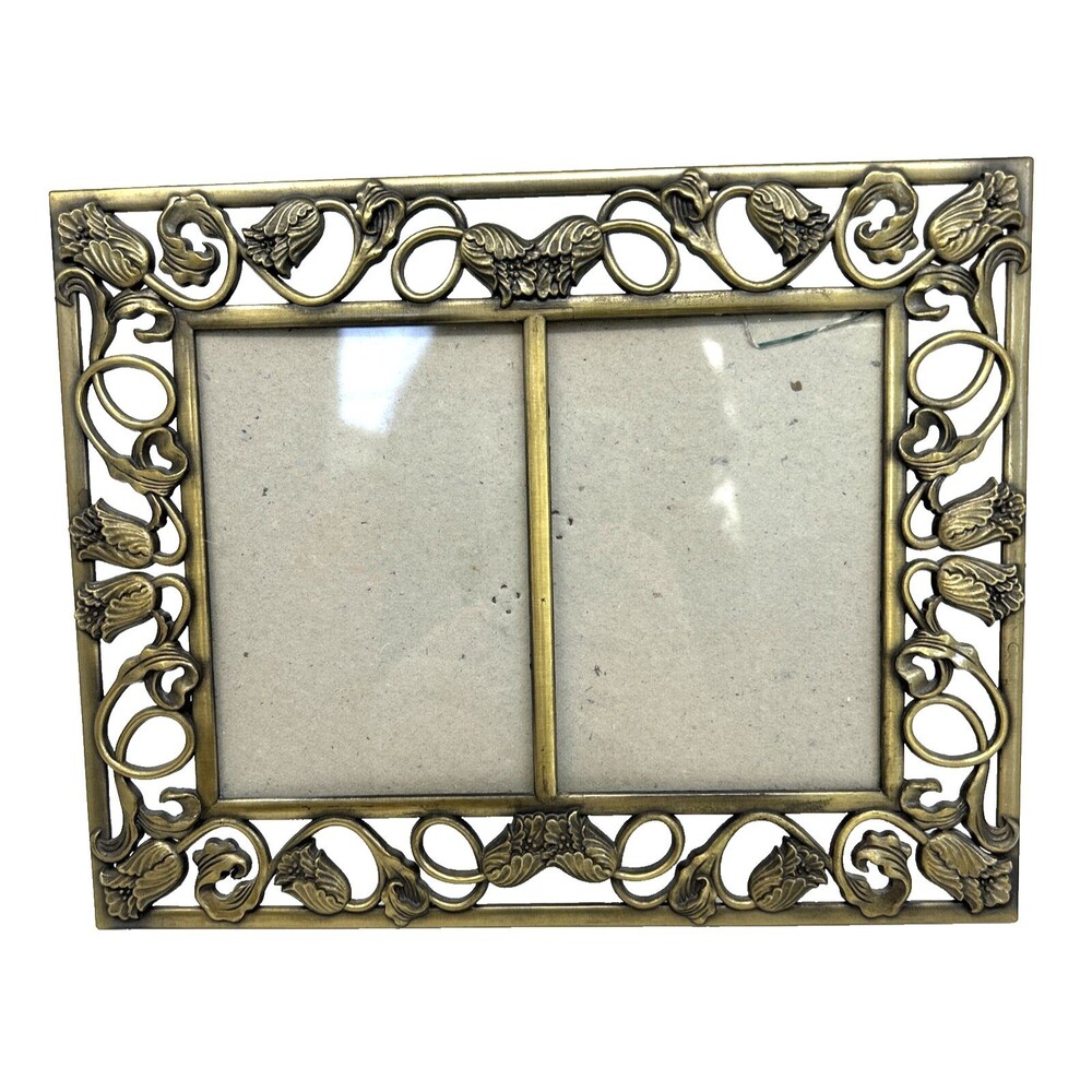 Vtg Cast Metal Gold Tone Ornate Tulips Vines Picture Frame 5" x 7" READ